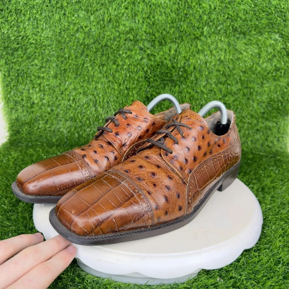 Stacy Adams Cognac Alligator/Ostrich Print Leather Loafers Sz 10